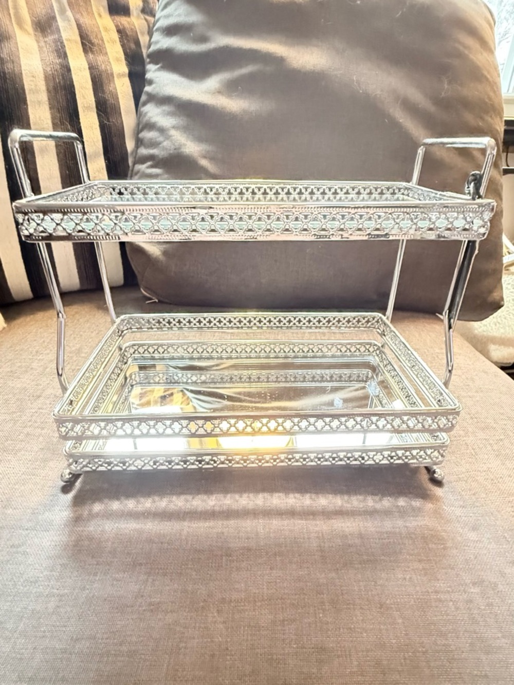 Two-Tier Decorative Metal Tray - Silver BNWT